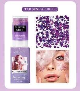 Detailed view of MEIDIAN purple glitter stick for face, hair and body decoration.