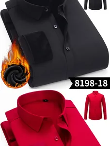 Detail view of men's thermal fleece-lined business shirts in black and red colors