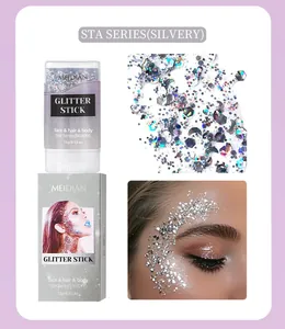 Detailed view of MEIDIAN silver glitter stick with macro shot of makeup application