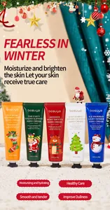 Detailed view of Bosuya Christmas themed hand cream set with festive holiday designs
