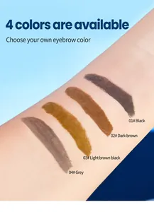 Arm-Swatches von vier Peel-off-Augenbrauenfarben: Schwarz, Dunkelbraun, Hellbraun und Grau