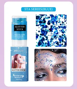 Detail view of MEIDIAN blue cosmetic glitter stick with box and shimmering face effect