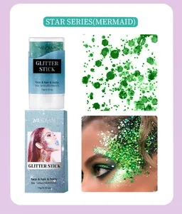 Macro detail and face application of MEIDIAN green hexagonal glitter stick for body and hair.