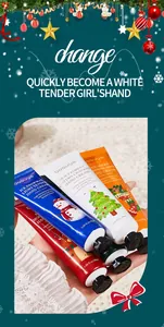 Close-up of festive Bosuya Christmas hand cream tubes with snowman and tree designs