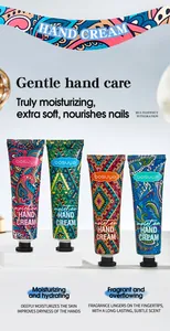 Detailed view showing the vibrant patterns and English text on Bosuya hand cream tubes