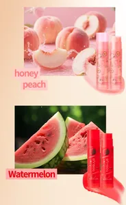 Detail view of Bosuya fruit lip balm set with honey peach and watermelon variants