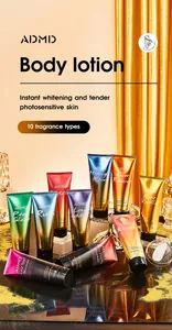 Collezione di lozioni profumate per il corpo ADMD in varie fragranze e tubetti colorati.