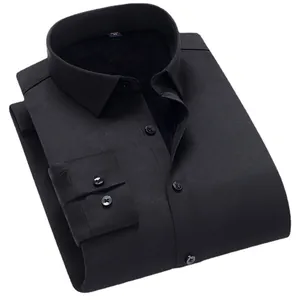 Men's premium winter thermal fleece-lined solid black business dress shirt for formal office