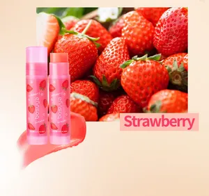 Detailed view of bosuya strawberry flavored lip balm with smooth pink moisturizing texture