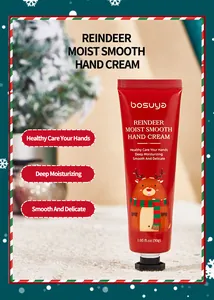 Detailed view of Bosuya Christmas hand cream tube with reindeer design in snowy scene