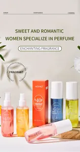Varietà di flaconi di profumo ADMD da donna in colori vivaci su espositore in legno.