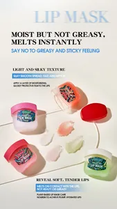 Detailed macro view of four colorful hydrating lip mask jars with smooth balm textures