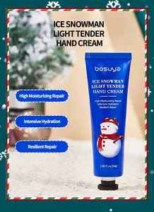 Detailed view of Bosuya Ice Snowman hand cream tube with festive snowman illustration