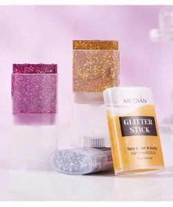 Detailed macro shot of MEIDIAN glitter sticks for face hair and body in multiple shades