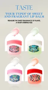 Detailed view of four types of moisturizing lip masks with sweet plant fragrances