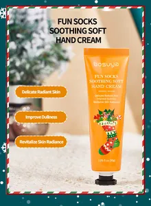 Close-up view of Bosuya Christmas hand cream with festive orange tube and sock design