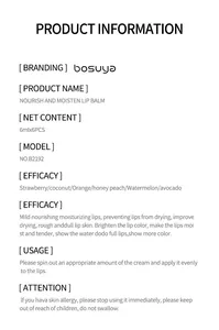 Detailed product info for bosuya 6-piece nourishing fruit flavor lip balm set.