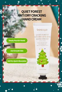 Close-up of Bosuya Christmas hand cream tube showing festive tree and nourishing benefits