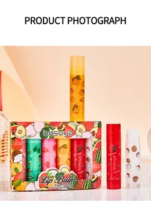 Close-up detail of a set of 6 fruit-scented lip balms in colorful packaging with individual sticks