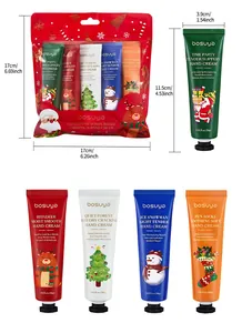 Detailed size measurements of Bosuya Christmas hand cream tubes and 5-pack gift bag.