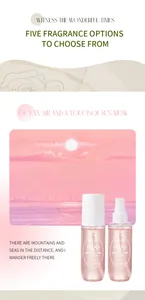 Dettaglio ravvicinato del profumo spray rosa ADMD con intensa fragranza al muschio