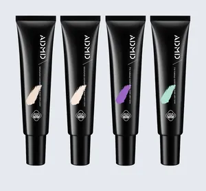 Detail view of ADMD makeup primer tubes in four corrective colors for even skin tone.