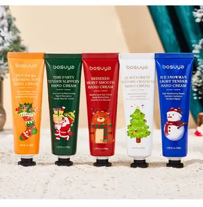 Set of five colorful Bosuya Christmas hand cream tubes with festive holiday illustrations
