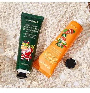 Detail of Bosuya Christmas hand creams with Santa and holiday motifs on lace background