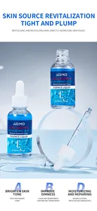 Collagen and Hyaluronic Acid facial serum in blue essence liquid detail bottles.