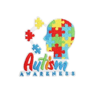 Autism Awareness embroidered patch with colorful puzzle piece head design for iron-on