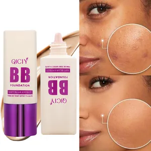 Detailed view of QICIY BB foundation showing soft blur coverage on skin texture.