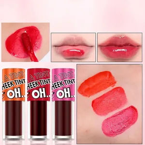 Detail of QICIY 3-color gel lip tint set with lip swatches and vibrant product tubes