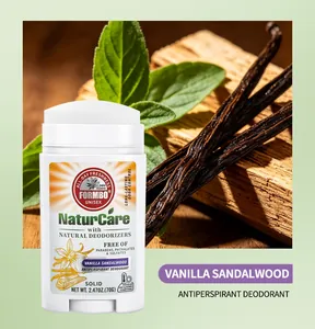 Natural Vanilla Sandalwood antiperspirant deodorant stick shown with real wood and leaves