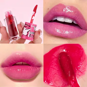 Close-up detail of glossy tinted lip gel set showing vibrant pink finish and texture