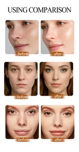 Before and after comparison of matte silky concealer powder cake on different skin tones