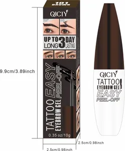 Detailed dimensions of QICIY peel-off eyebrow gel product packaging and bottle.