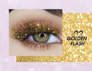 Detailed close-up of golden glitter mascara applied on long lashes in shade #02 Golden Flash