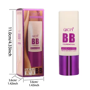 Detailed product dimensions for QICIY BB cream foundation bottle and packaging box.
