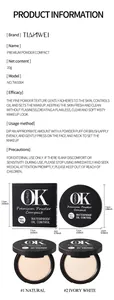 Detailed view of OK matte powder compact with dimensions and shade options