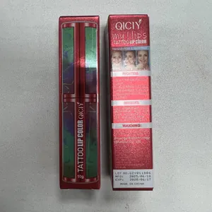 Vista dettagliata della confezione del rossetto peel-off QICIY con ingredienti e istruzioni.