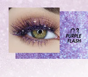 Close-up macro detail of #03 purple flash glitter mascara on long eyelashes effect