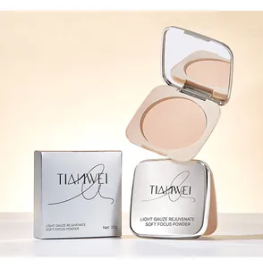 Detailed view of the TIANWEI soft focus setting powder compact and silver packaging box