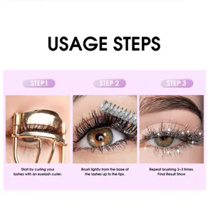Detailed three-step tutorial for applying sparkly mascara to achieve long, glittery lashes.