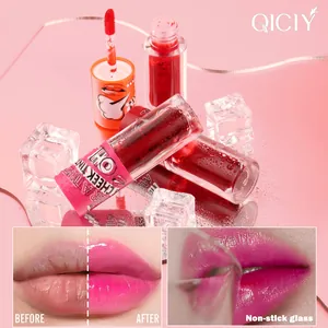 Close-up detail of three-color tinted gel lip gloss set with non-stick cup effect
