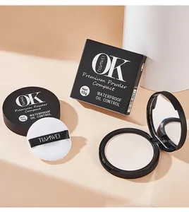 Detailed view of waterproof matte finishing powder compact with mirror and puff