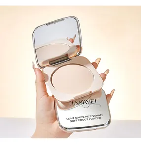 Detailed view of TIANWEI soft focus pressed powder in silver compact with mirror