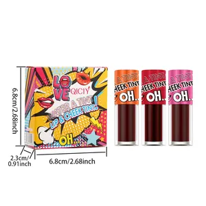 Detailed product view of QICIY 3-color lip tint set with dimensions measurement