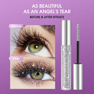 Sparkling QICIY silver diamond glitter mascara showing before and after eyelash effect.