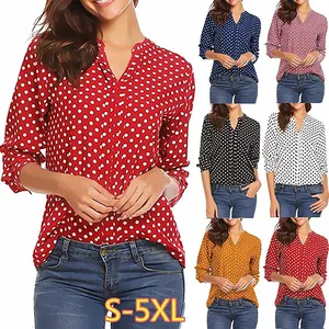 Polka dot V-neck long sleeve blouse in multiple colors with size range S-5XL