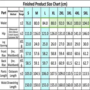 Detailed size chart for men's loose harem pants with measurements from S to 5XL.
